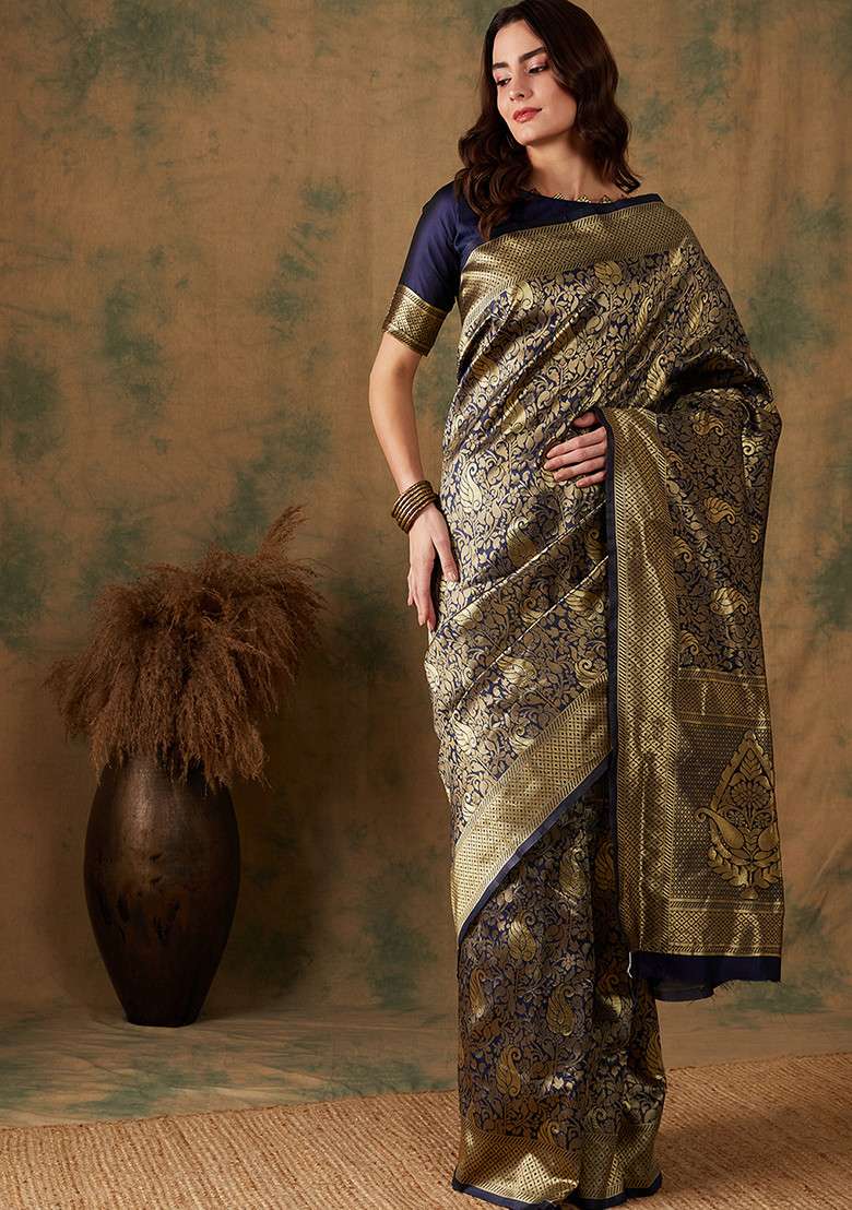 Navy Blue Embroidered Silk Blend Saree Set for Diwali and Festive Wear - Indya