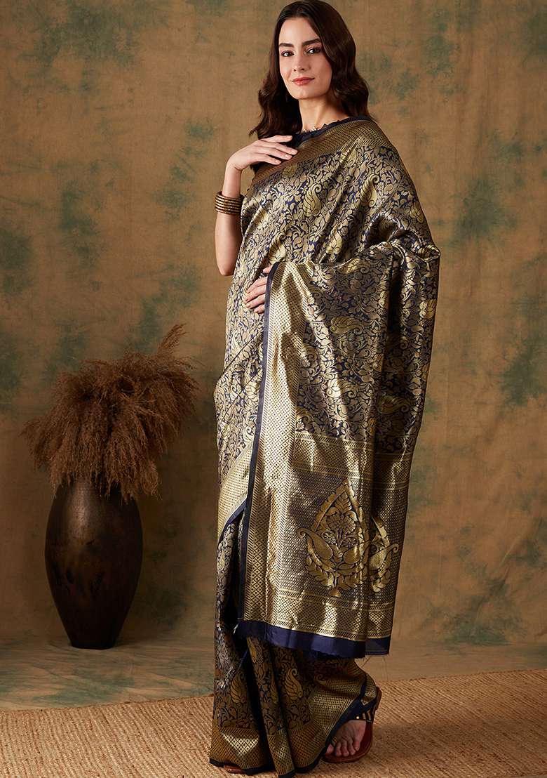 Navy Blue Embroidered Silk Blend Saree Set for Diwali and Festive Wear - Indya