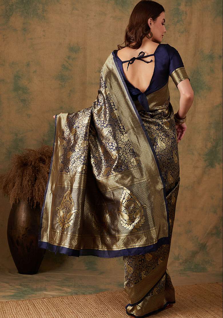Navy Blue Embroidered Silk Blend Saree Set for Diwali and Festive Wear - Indya