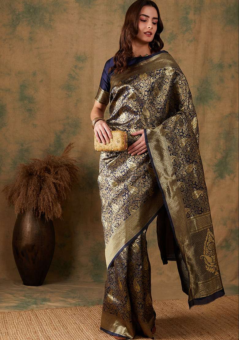 Navy Blue Embroidered Silk Blend Saree Set for Diwali and Festive Wear - Indya