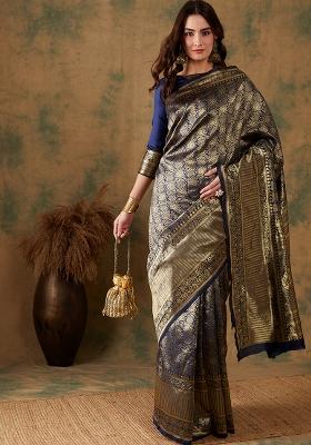 Navy Blue Embroidered Silk Saree Set