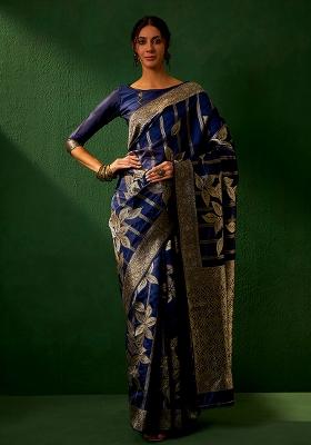 Navy Blue Embroidered Silk Saree Set