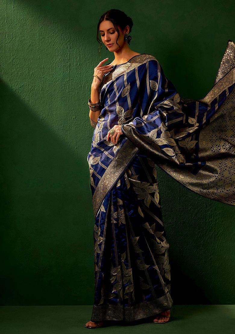 Navy Blue Embroidered Silk Saree Set - Indya