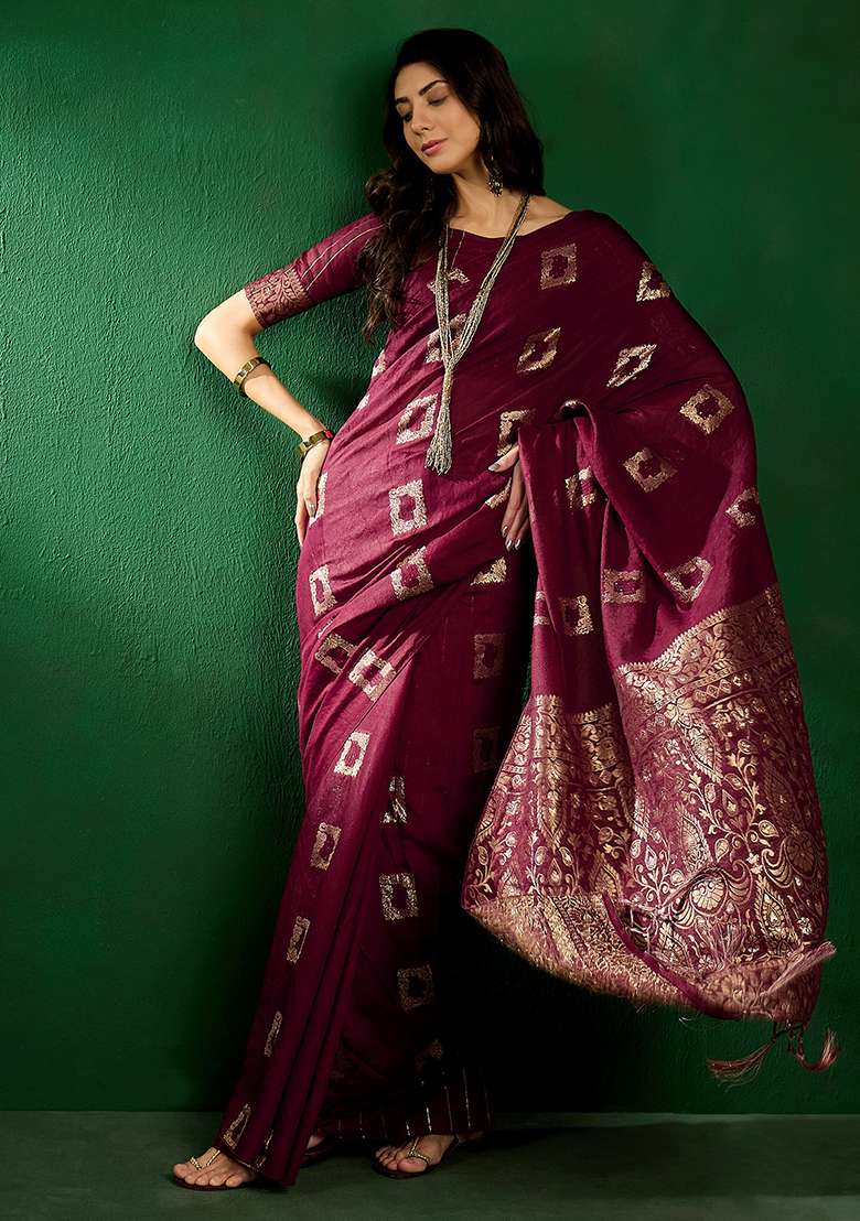 Wine Blend Cotton Saree Set with Embroidered for Diwali | Wedding & Festive Wear - Indya