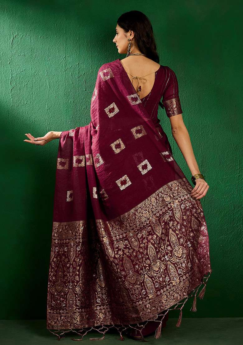 Wine Blend Cotton Saree Set with Embroidered for Diwali | Wedding & Festive Wear - Indya