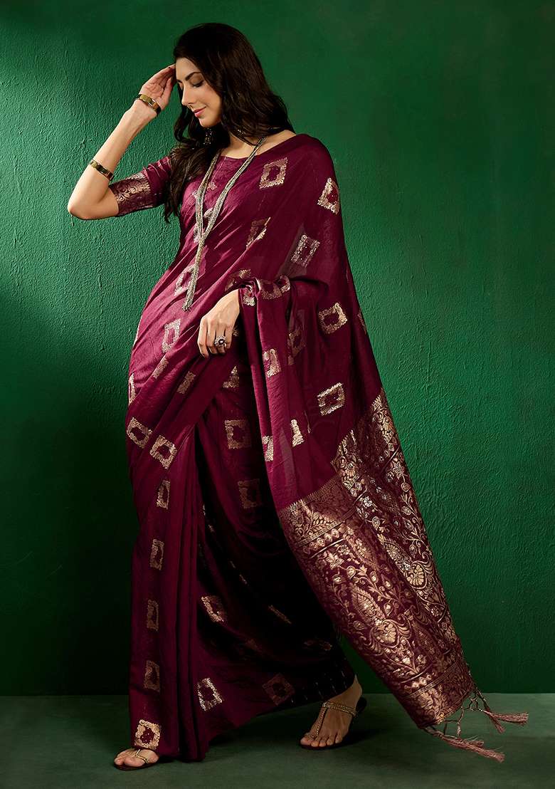 Wine Blend Cotton Saree Set with Embroidered for Diwali | Wedding & Festive Wear - Indya
