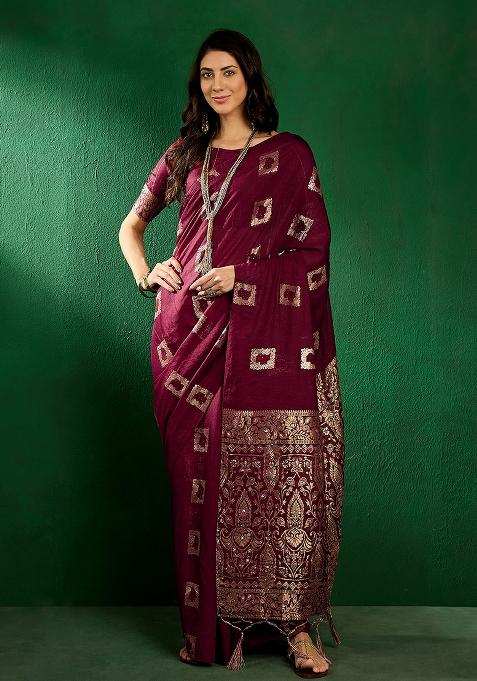 Wine Embroidered Cotton Blend Saree Set