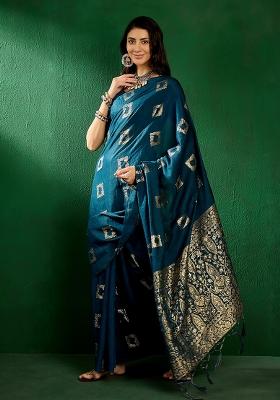 Teal Embroidered Cotton Blend Saree Set