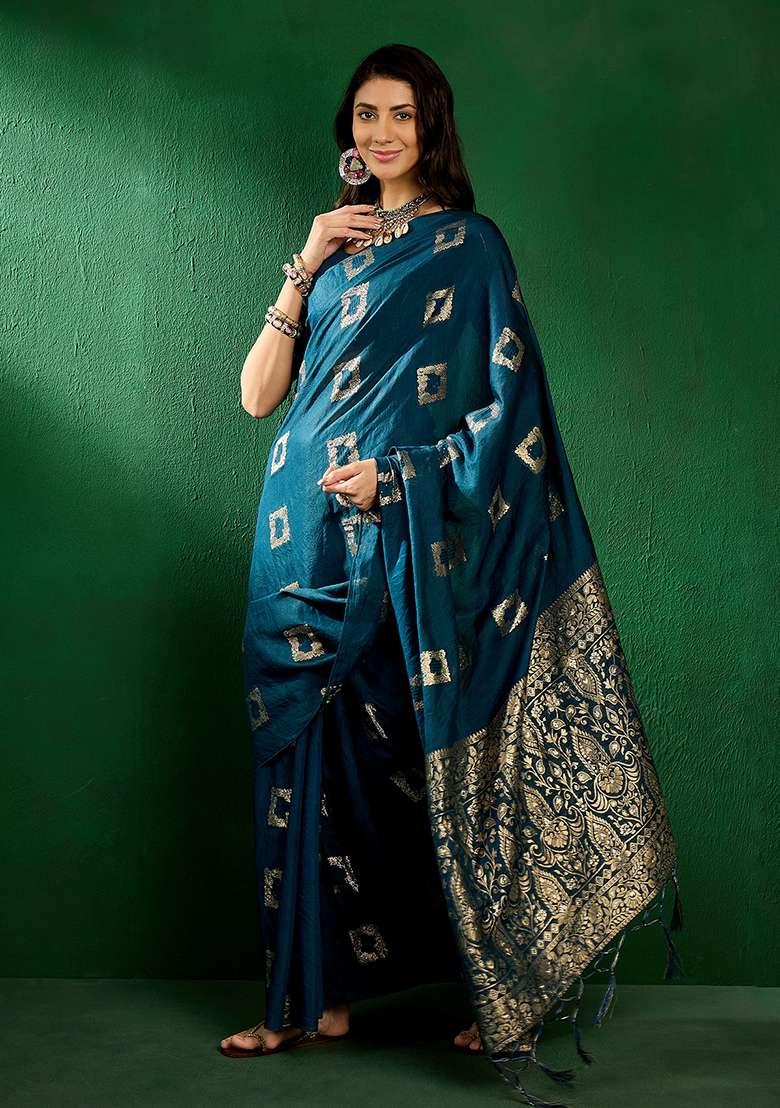Teal Embroidered Cotton Blend Saree Set for Diwali and Festive Wear - Indya