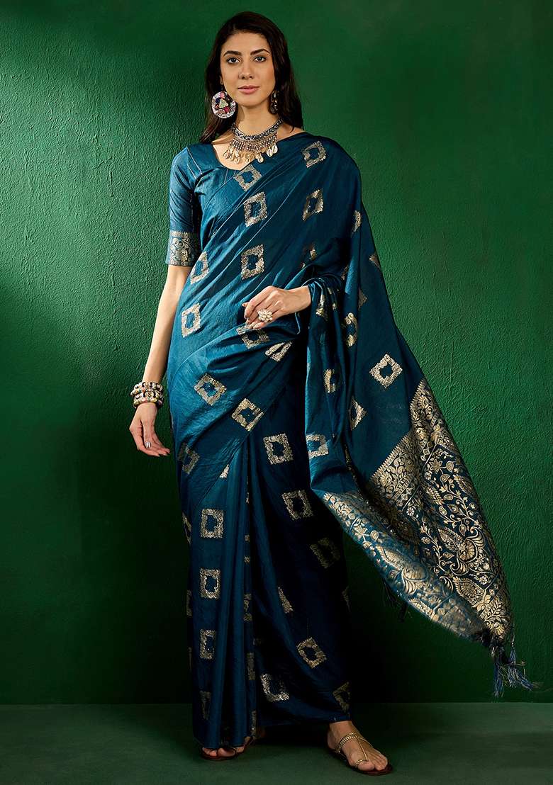 Teal Embroidered Cotton Blend Saree Set for Diwali and Festive Wear - Indya