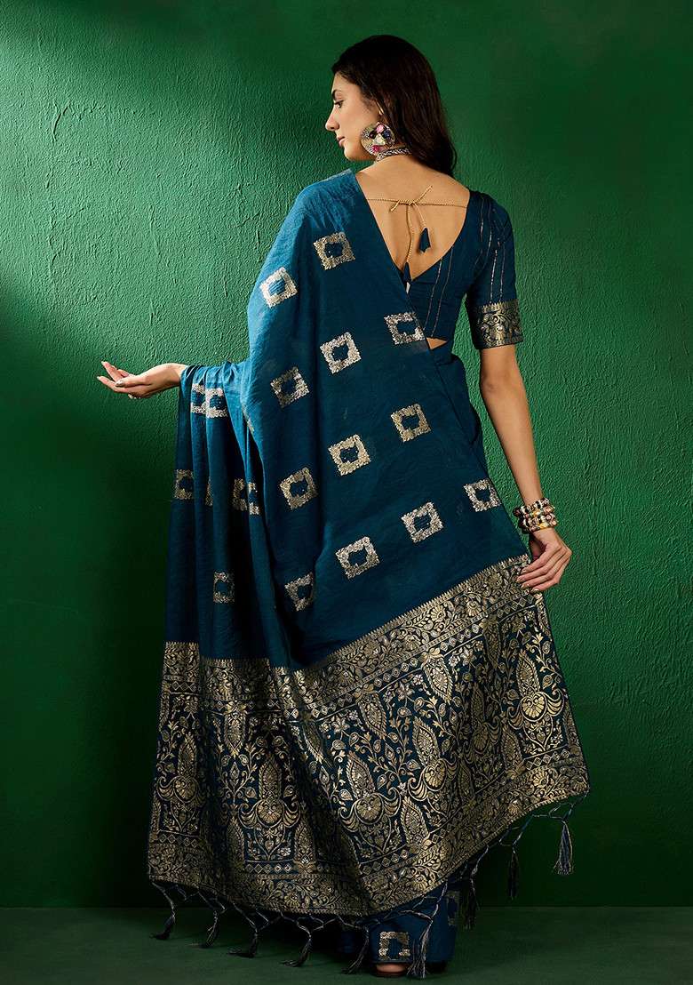 Teal Embroidered Cotton Blend Saree Set for Diwali and Festive Wear - Indya