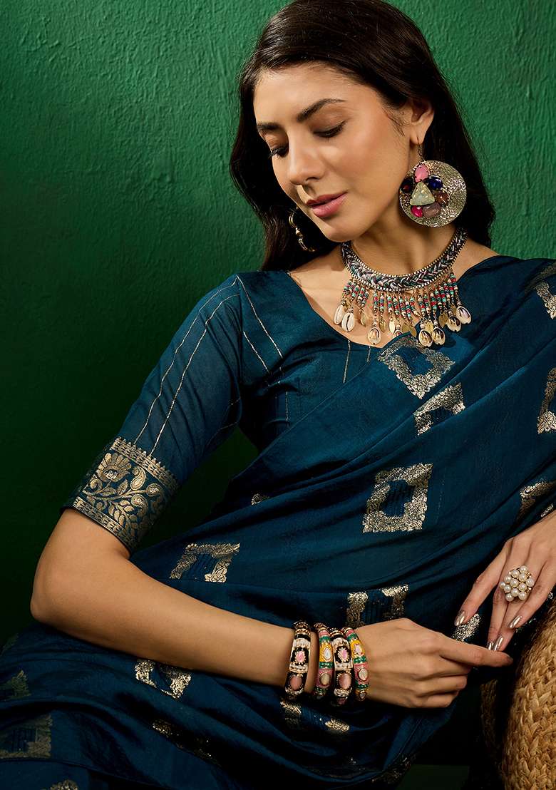 Teal Embroidered Cotton Blend Saree Set for Diwali and Festive Wear - Indya