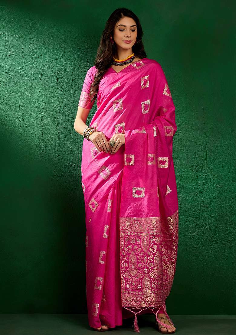 Pink Embroidered Cotton Blend Saree Set for Diwali and Festive Wear - Indya