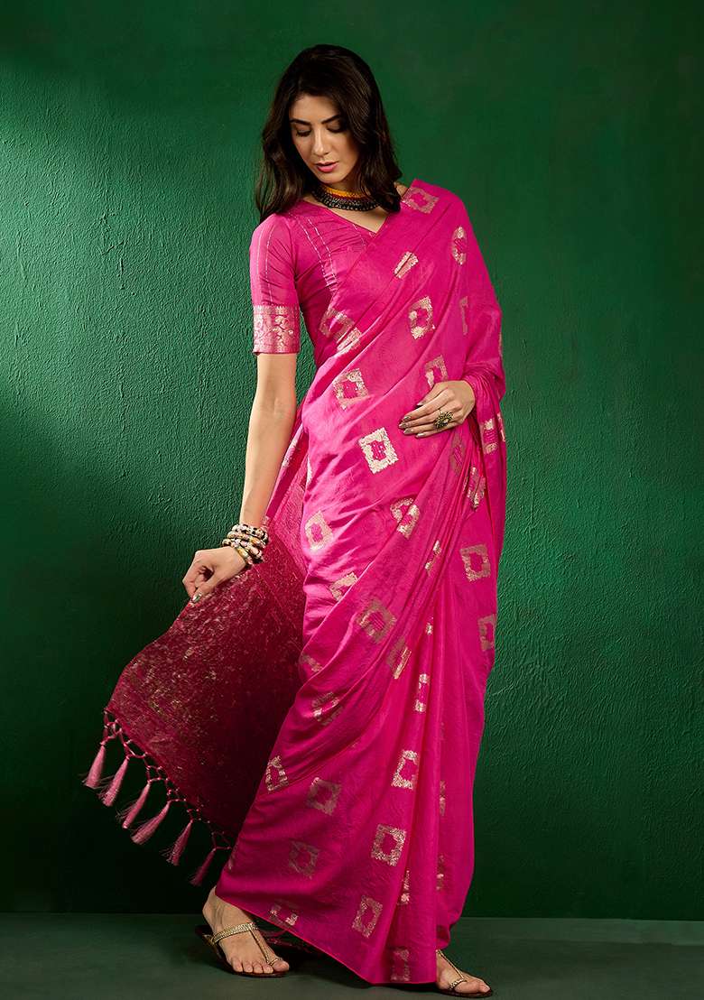 Pink Embroidered Cotton Blend Saree Set for Diwali and Festive Wear - Indya