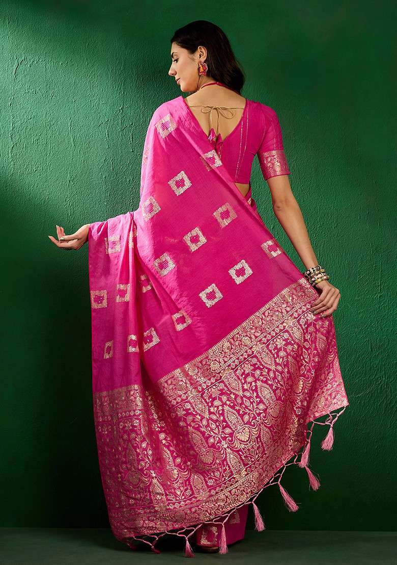 Pink Embroidered Cotton Blend Saree Set for Diwali and Festive Wear - Indya