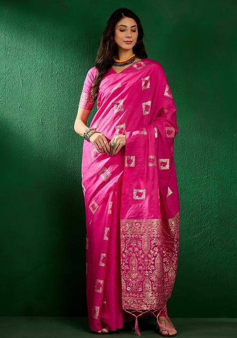 Pink Embroidered Cotton Blend Saree Set