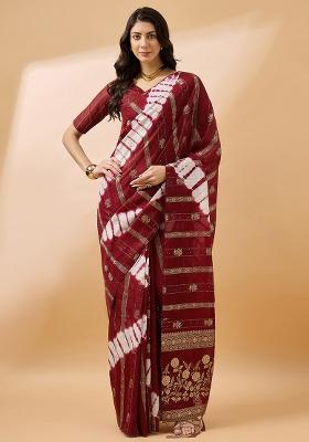 Maroon Embroidered Cotton Blend Saree Set
