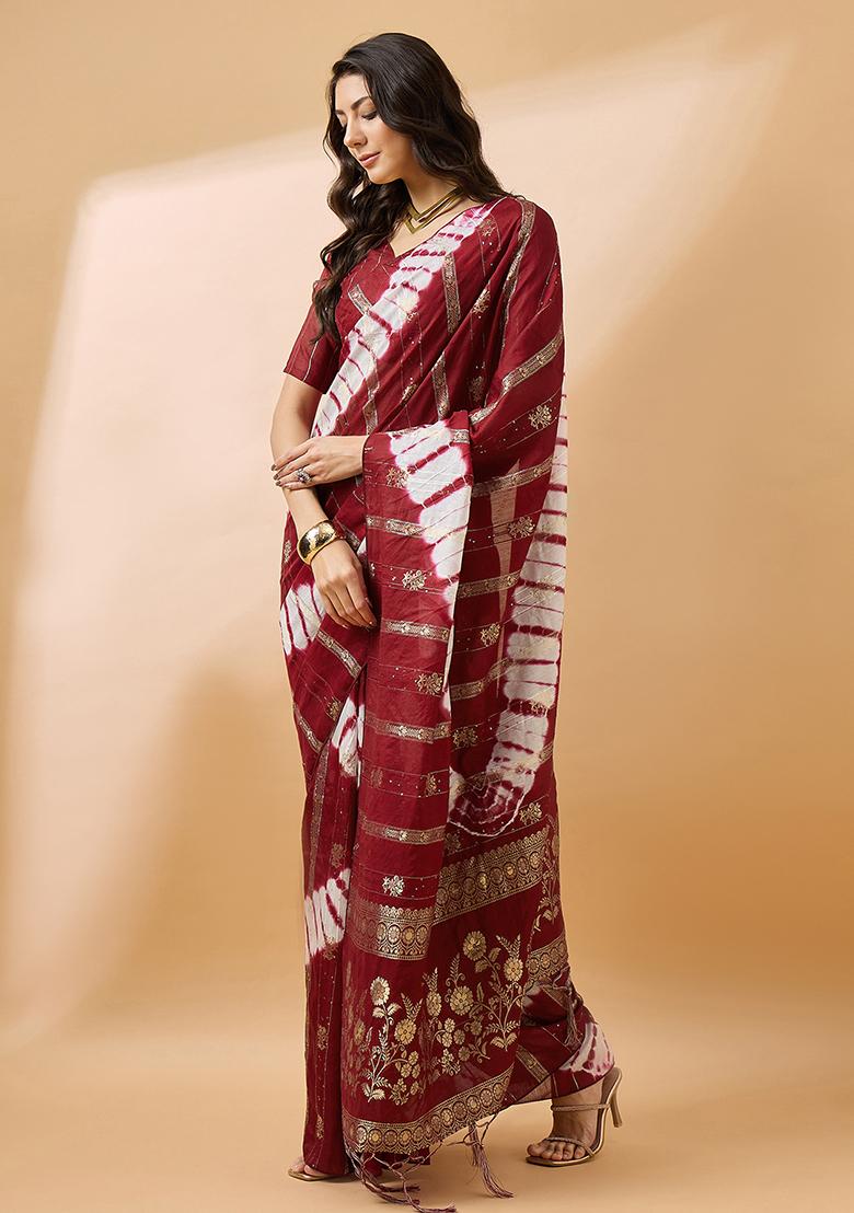 Maroon Embroidered Cotton Blend Saree Set - Indya
