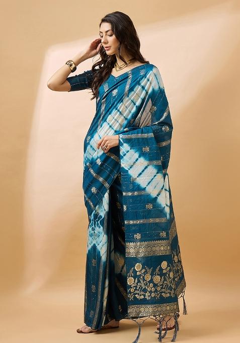Teal Embroidered Cotton Blend Saree Set
