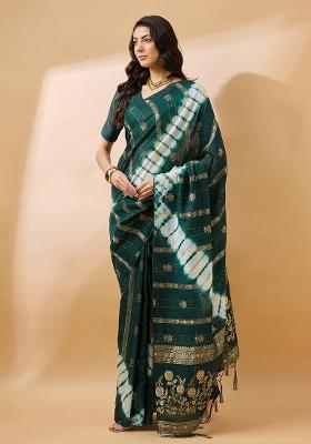 Green Embroidered Cotton Blend Saree Set