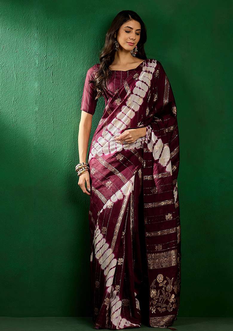Wine Embroidered Cotton Blend Saree Set for Diwali and Festive Wear - Indya