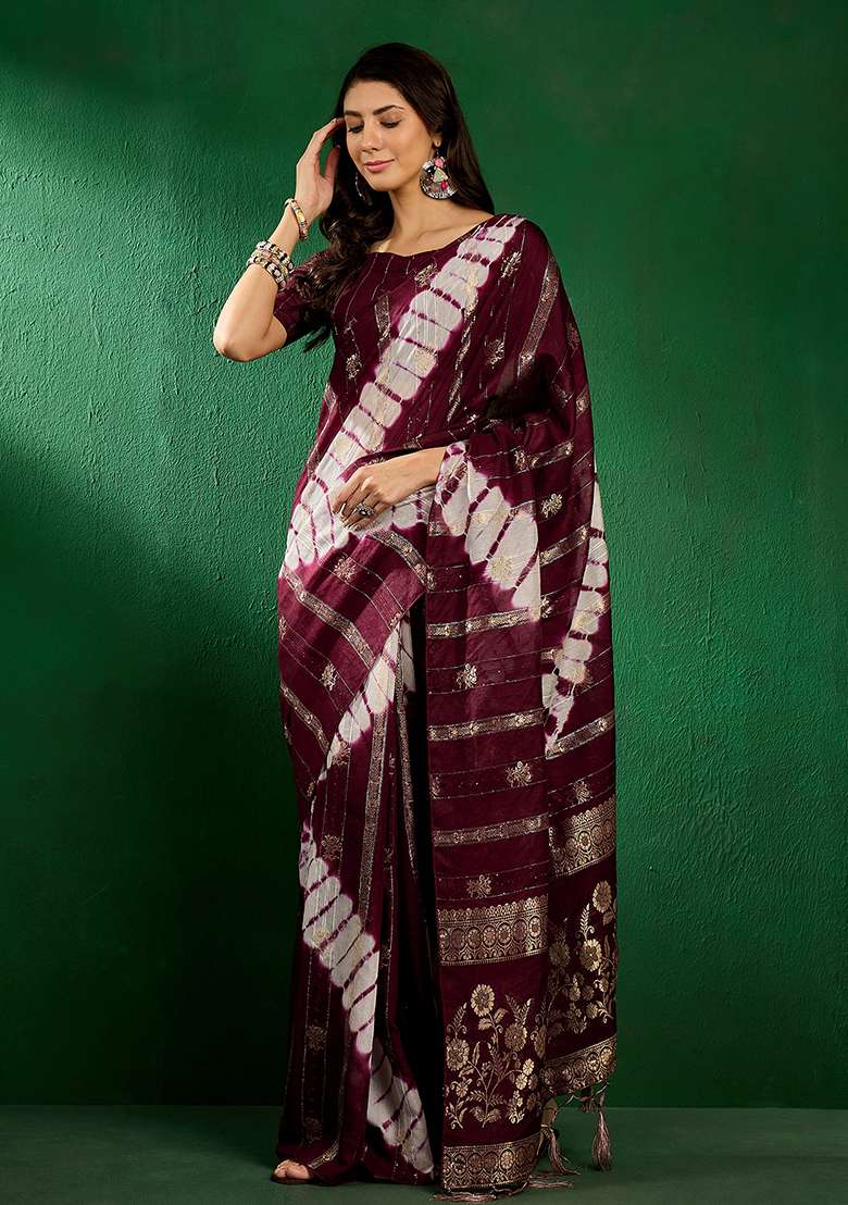 Wine Embroidered Cotton Blend Saree Set for Diwali and Festive Wear - Indya