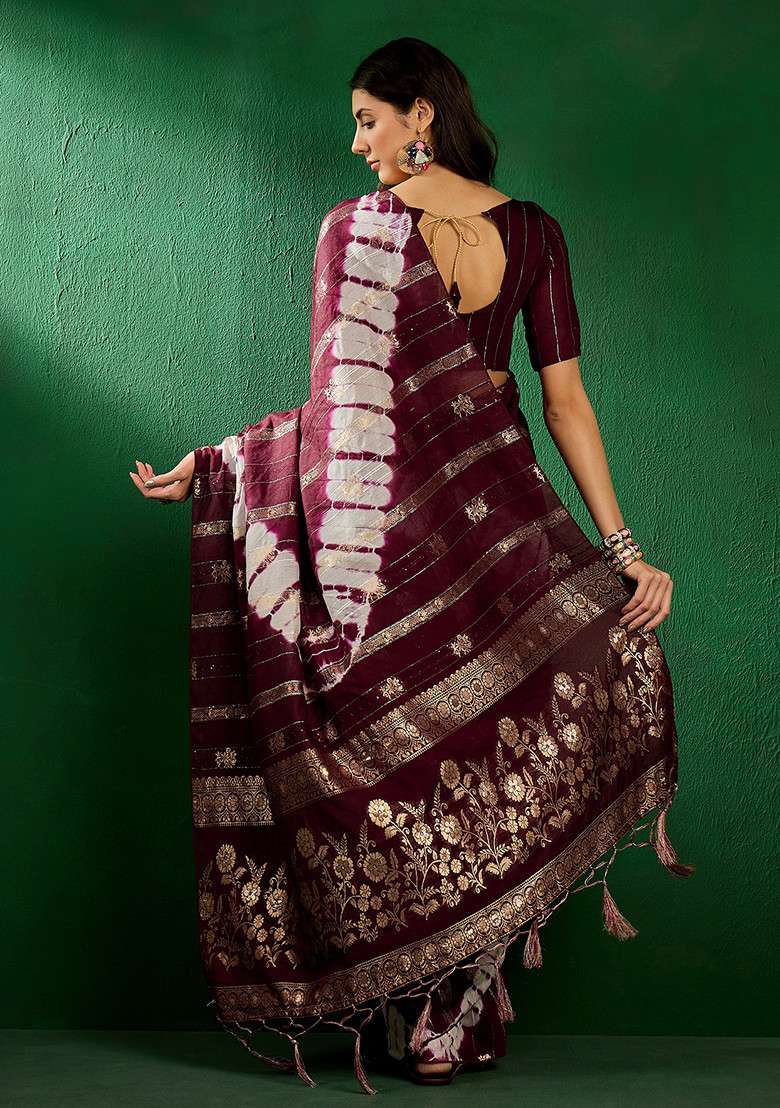 Wine Embroidered Cotton Blend Saree Set for Diwali and Festive Wear - Indya