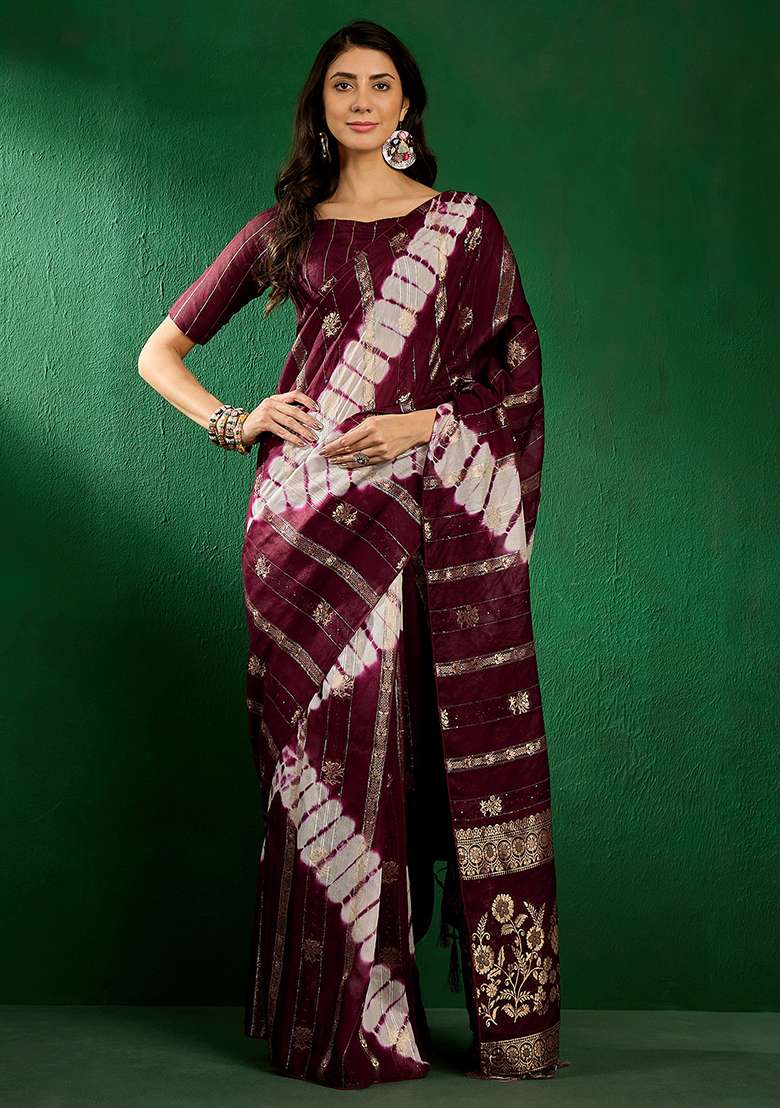 Wine Embroidered Cotton Blend Saree Set for Diwali and Festive Wear - Indya