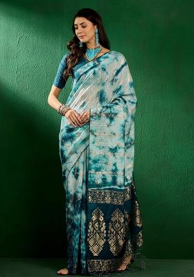 Teal Embroidered Cotton Blend Saree Set