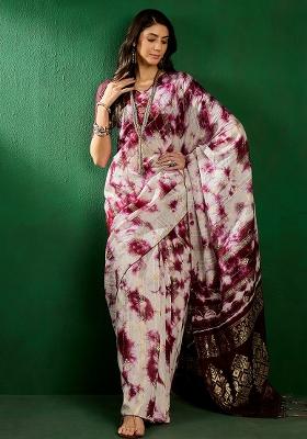 Magenta Embroidered Cotton Blend Saree Set