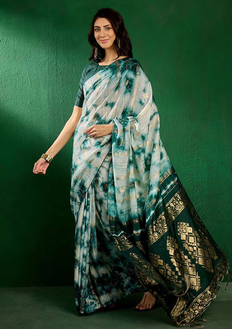 Green Blend Cotton Saree Set with Embroidered for Diwali | Wedding & Festive Wear - Indya