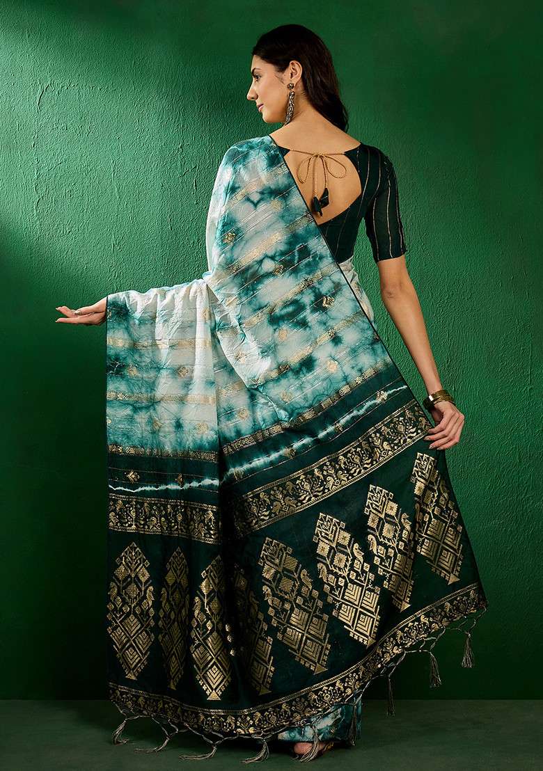 Green Blend Cotton Saree Set with Embroidered for Diwali | Wedding & Festive Wear - Indya