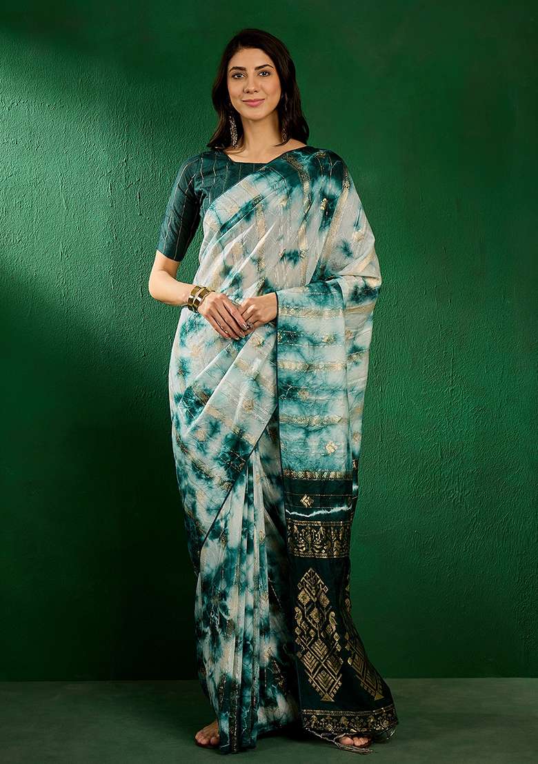Green Blend Cotton Saree Set with Embroidered for Diwali | Wedding & Festive Wear - Indya