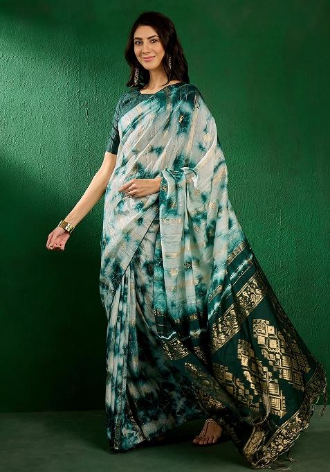 Green Embroidered Cotton Blend Saree Set