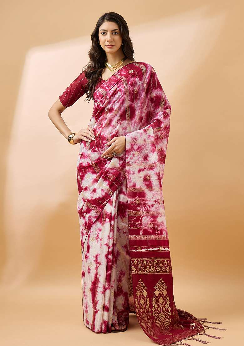 Red Blend Cotton Saree Set with Embroidered for Diwali | Wedding & Festive Wear - Indya