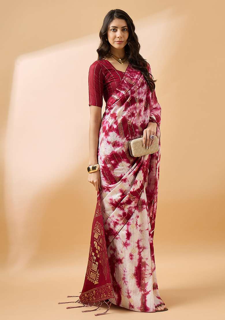 Red Blend Cotton Saree Set with Embroidered for Diwali | Wedding & Festive Wear - Indya