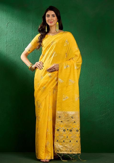 Mustard Embroidered Silk Saree Set