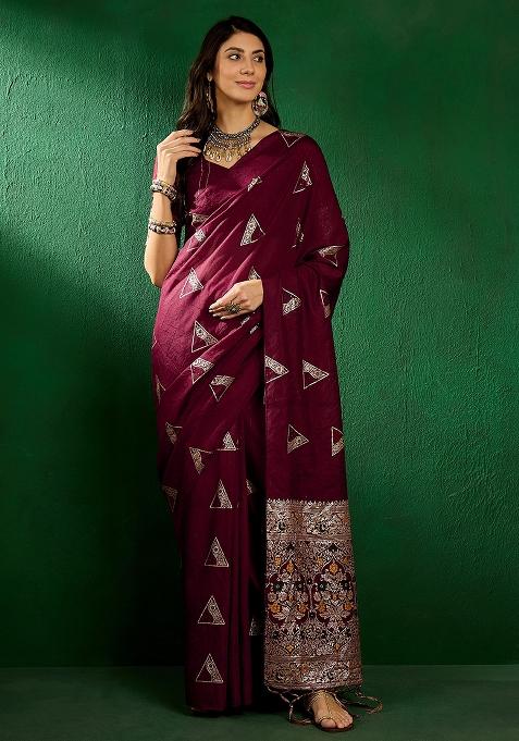 Maroon Embroidered Silk Saree Set