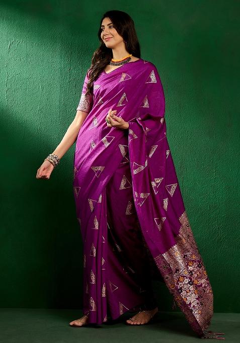Purple Embroidered Silk Saree Set