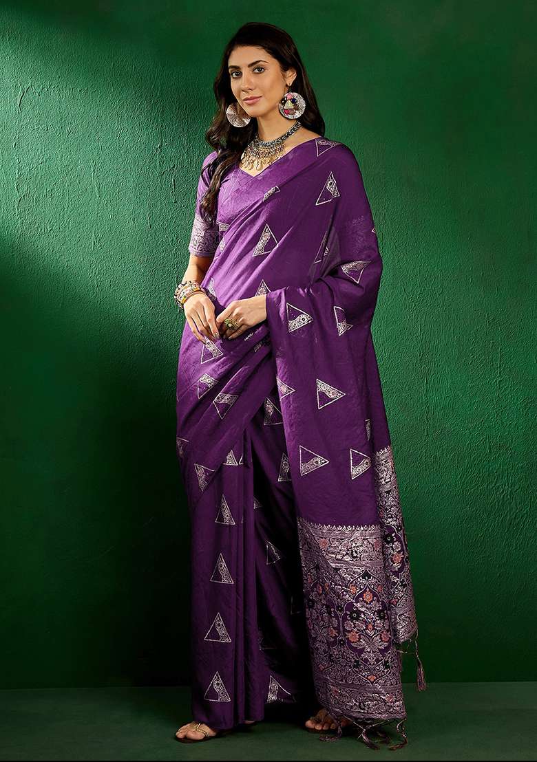 Wine Embroidered Silk Blend Saree Set for Diwali and Festive Wear - Indya