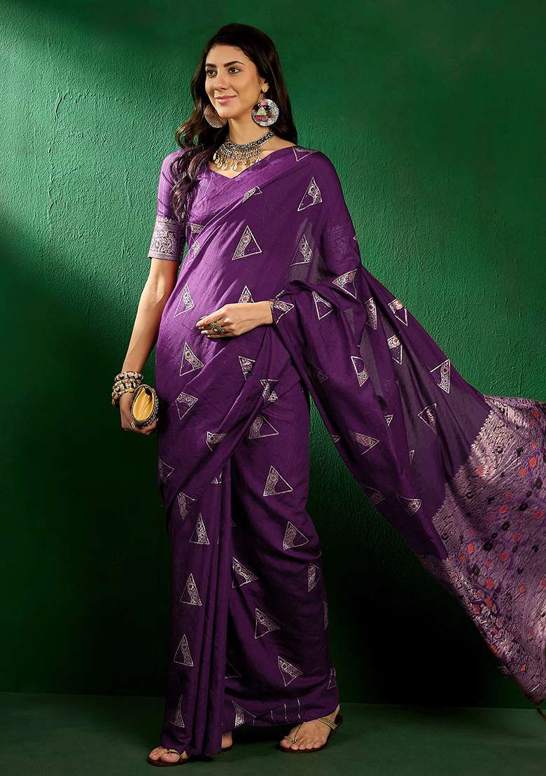 Wine Embroidered Silk Blend Saree Set for Diwali and Festive Wear - Indya