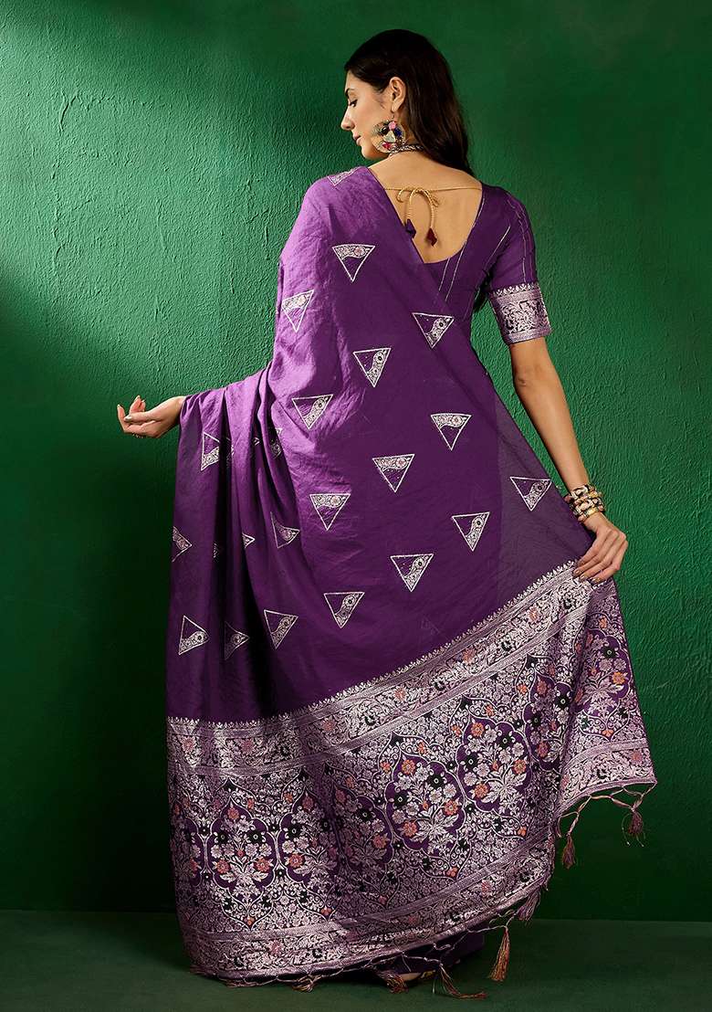 Wine Embroidered Silk Blend Saree Set for Diwali and Festive Wear - Indya