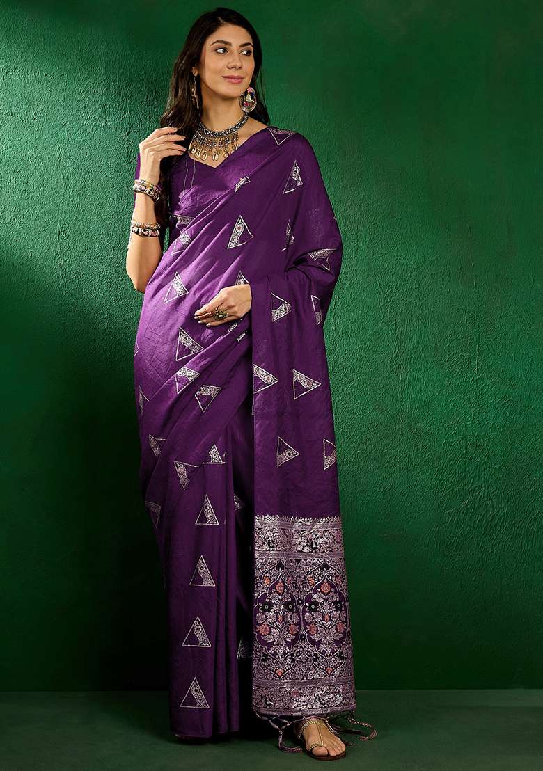 Wine Embroidered Silk Blend Saree Set for Diwali and Festive Wear - Indya