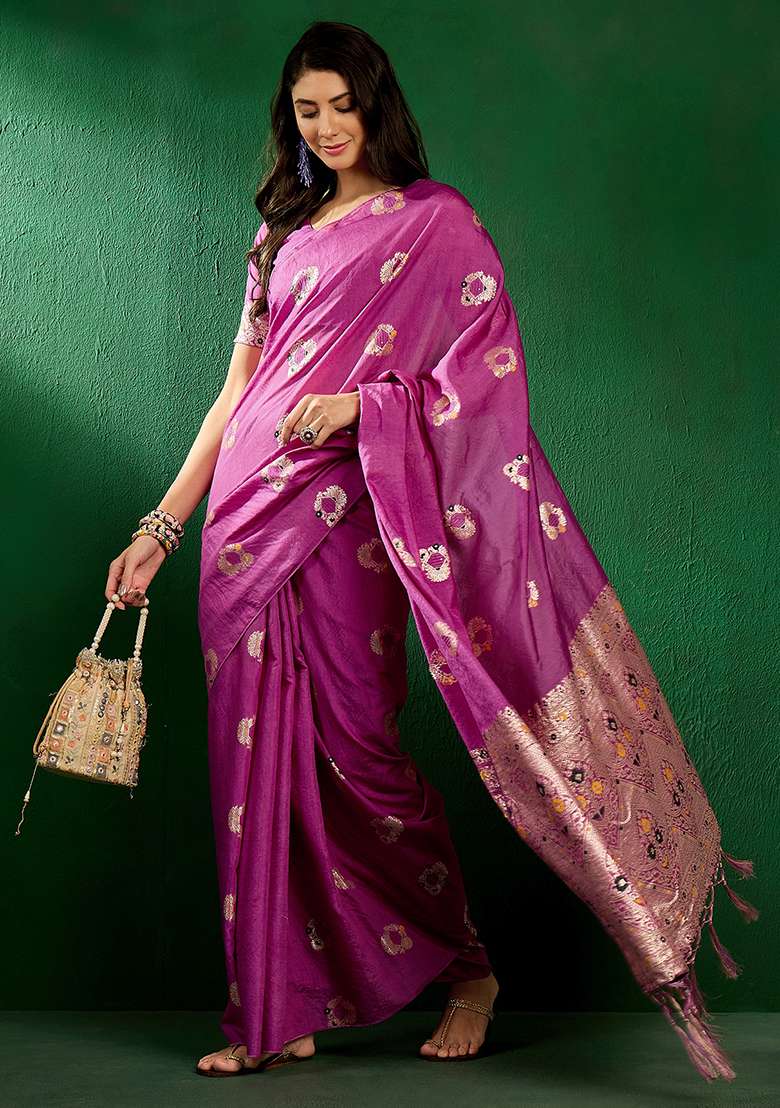 Lavender Silk Blend Saree Set with Embroidered for Diwali | Wedding & Festive Wear - Indya