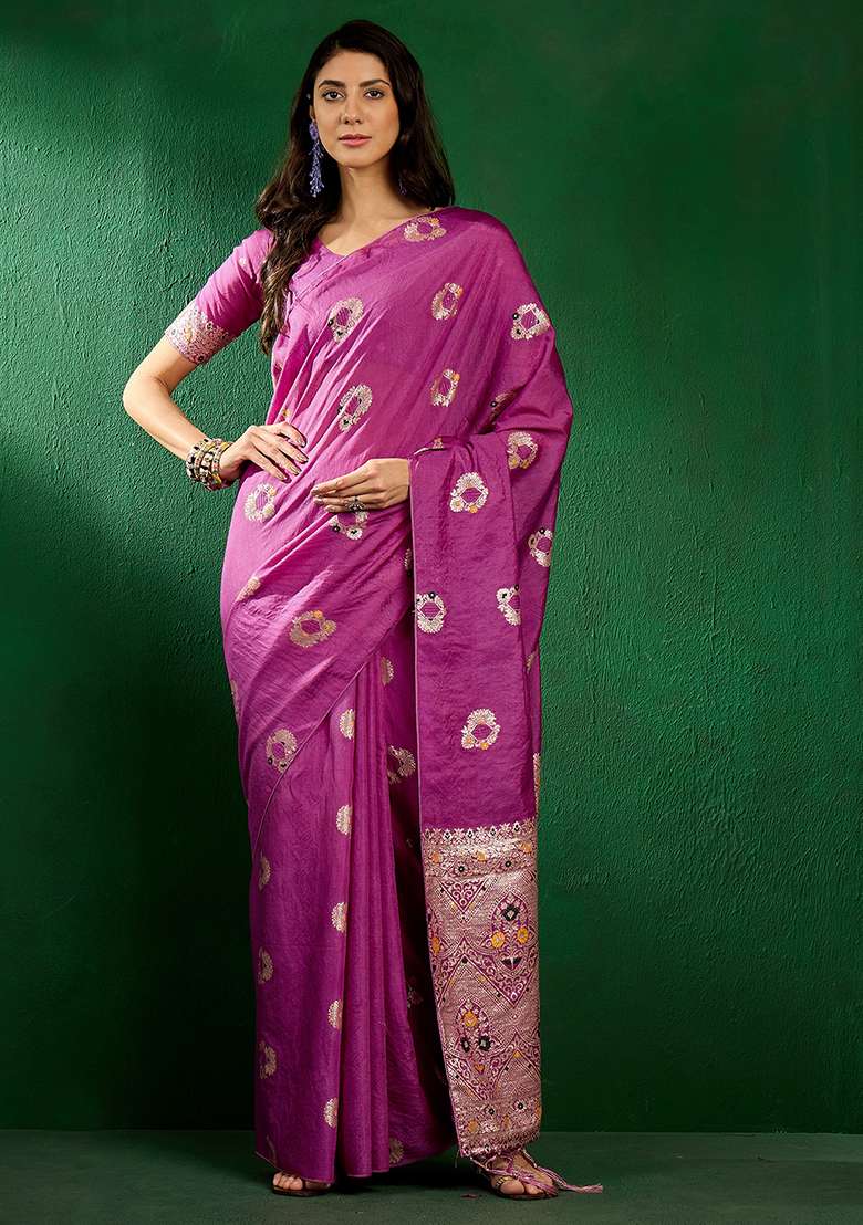 Lavender Silk Blend Saree Set with Embroidered for Diwali | Wedding & Festive Wear - Indya