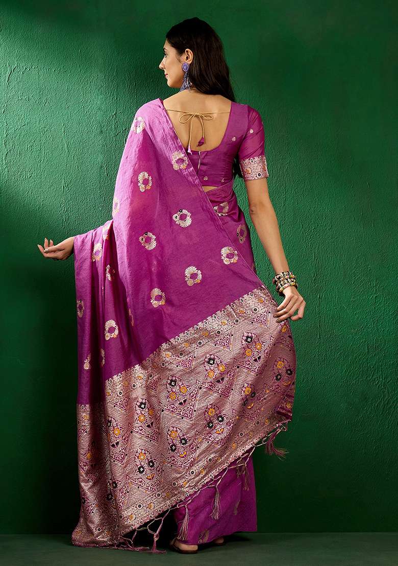 Lavender Silk Blend Saree Set with Embroidered for Diwali | Wedding & Festive Wear - Indya