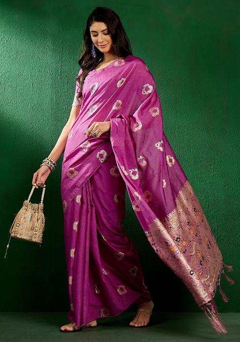 Lavender Embroidered Silk Saree Set