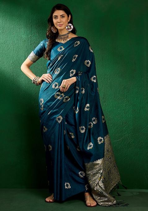 Teal Embroidered Silk Saree Set