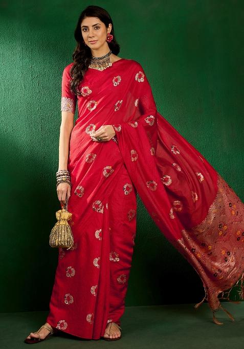 Red Embroidered Silk Saree Set