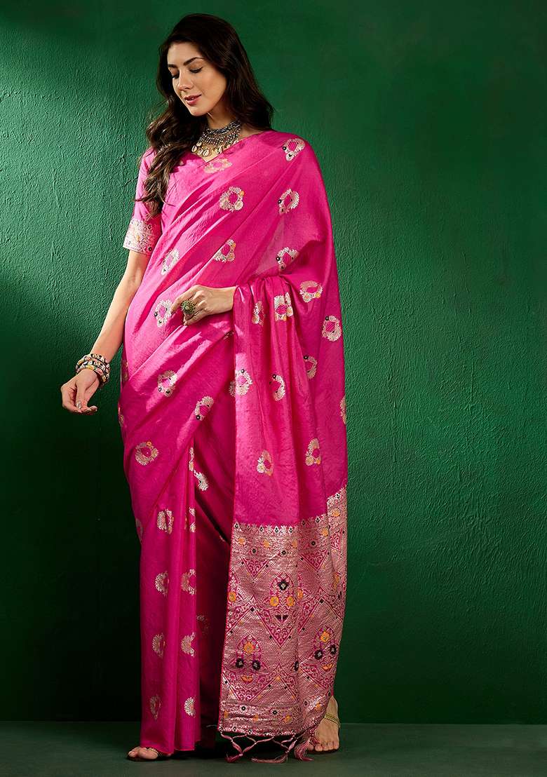 Baby Pink Embroidered Silk Blend Saree Set for Diwali and Festive Wear - Indya